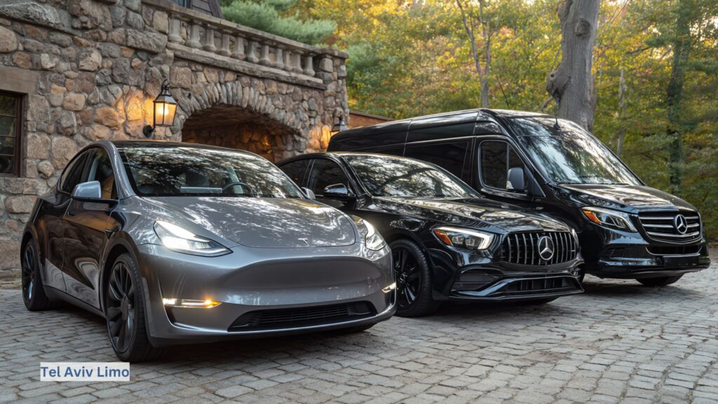 A sleek silver Tesla and a black luxury van parked on a cobblestone driveway.