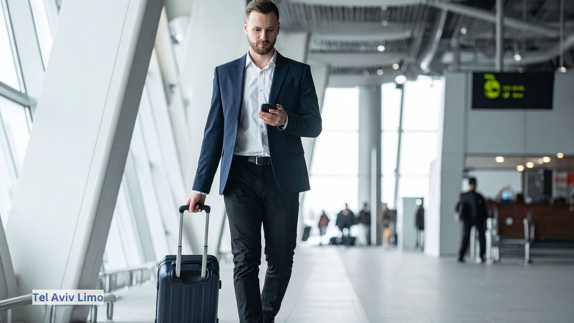 Traveler with carry-on luggage walking confidently through airport terminal