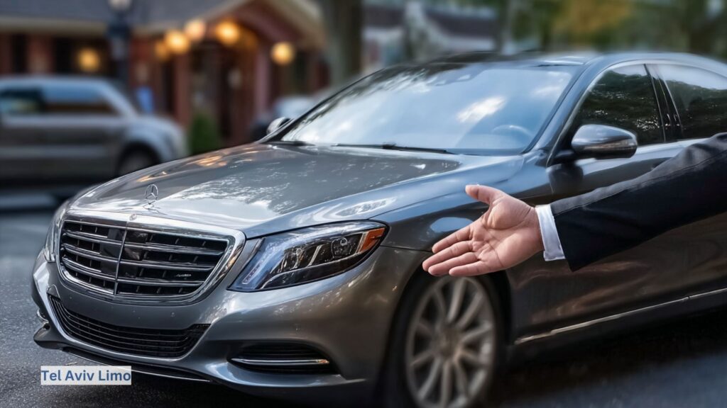 Chauffeur invitingly gestures toward a pristine luxury sedan, exemplifying premium client service and the sophistication of professional limousine travel.