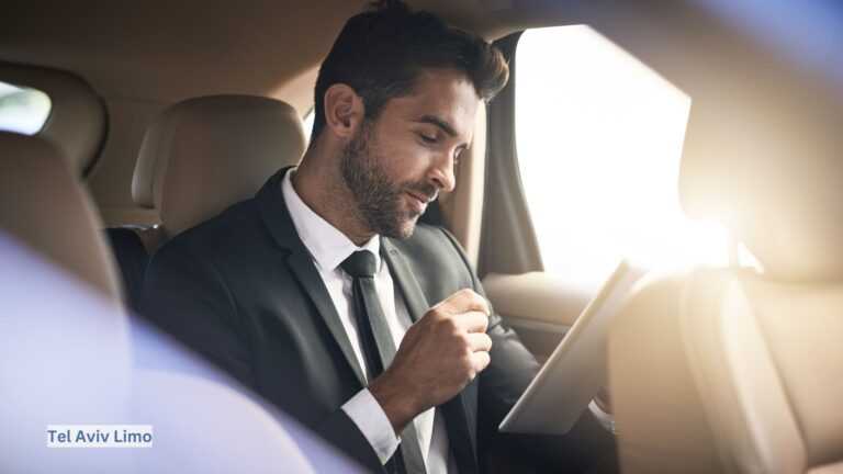 Businessman in a tailored suit sitting relaxed in the backseat of a luxury car, focused on his work while a professional chauffeur drives.